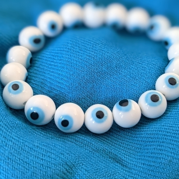 Evil Eye White Beaded  Stretch Bracelet | Handcrafted by me and New - Picture 3 of 6
